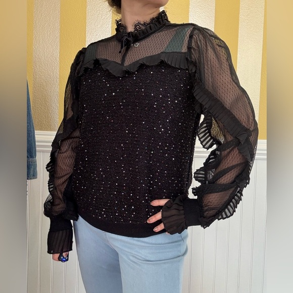 None Tops - Elegant Black Sheer Ruffle Top
